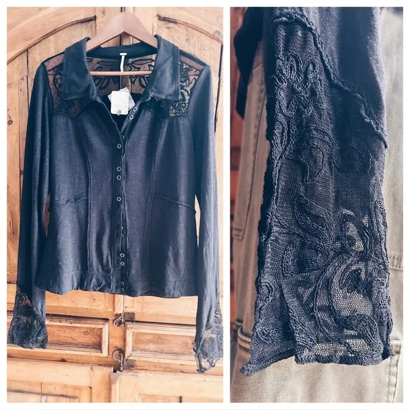 NWT Free People Rosebud Cuff Lace Top - Black - Size XL - Picture 8 of 16